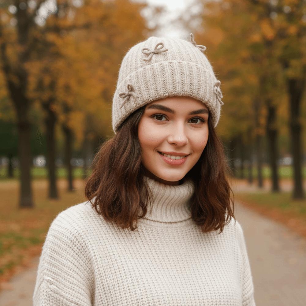 Bowknot Knitted Beanie Hat Thick Korean Sweet Bow Hat Fashion Woolen Pullover Hat Girls