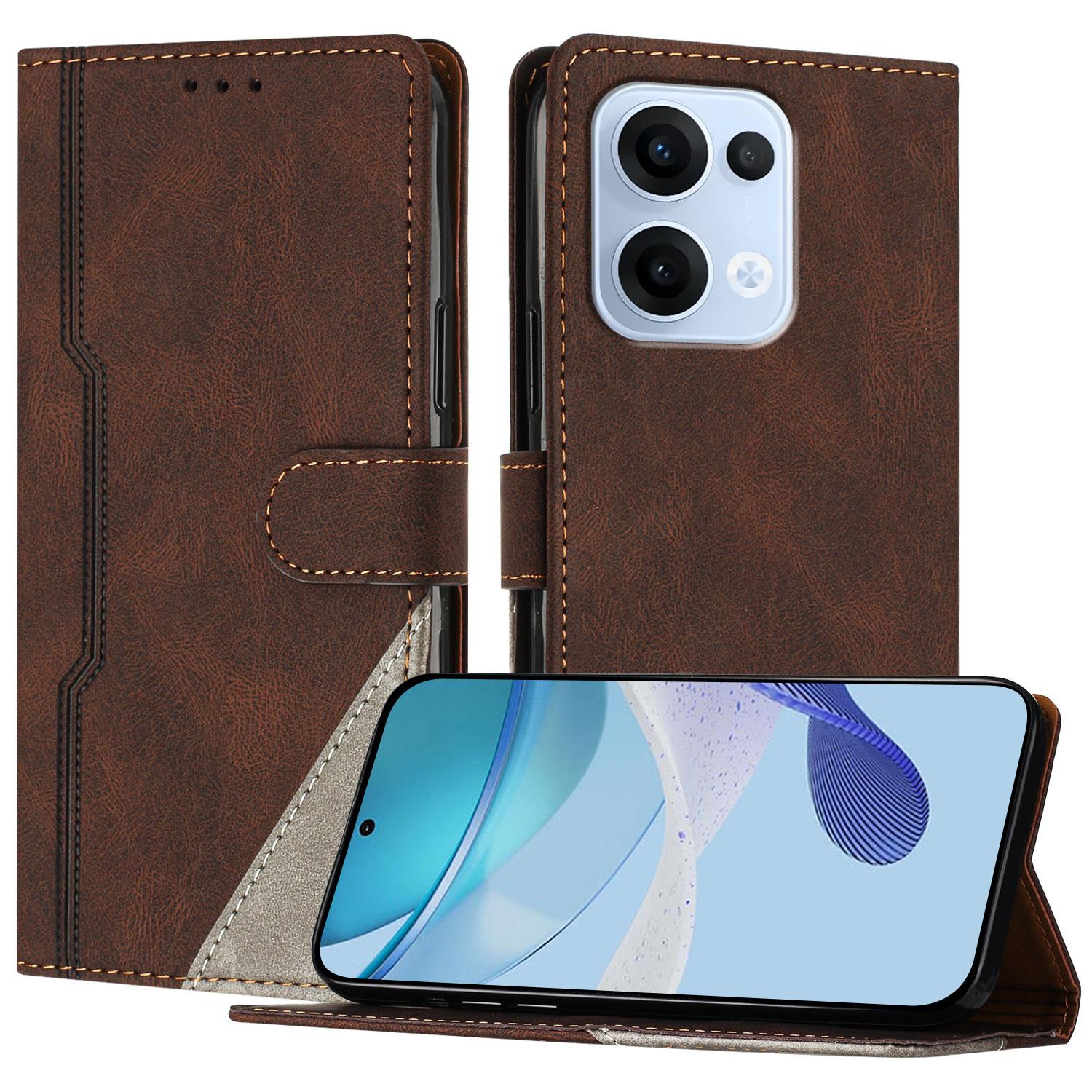 

For Oppo Reno13 5G (Global) Leather Case Triangle Patchwork Wallet Stand Shockproof Phone Cover Brown