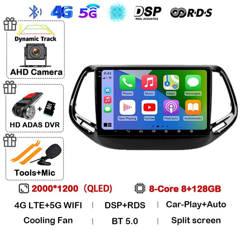 Android 14 Carplay Auto Car Radio For Jeep Compass 2017 2018 2019 GPS Navigation Stereo Multimedia Video Player 360 Camera WIFI