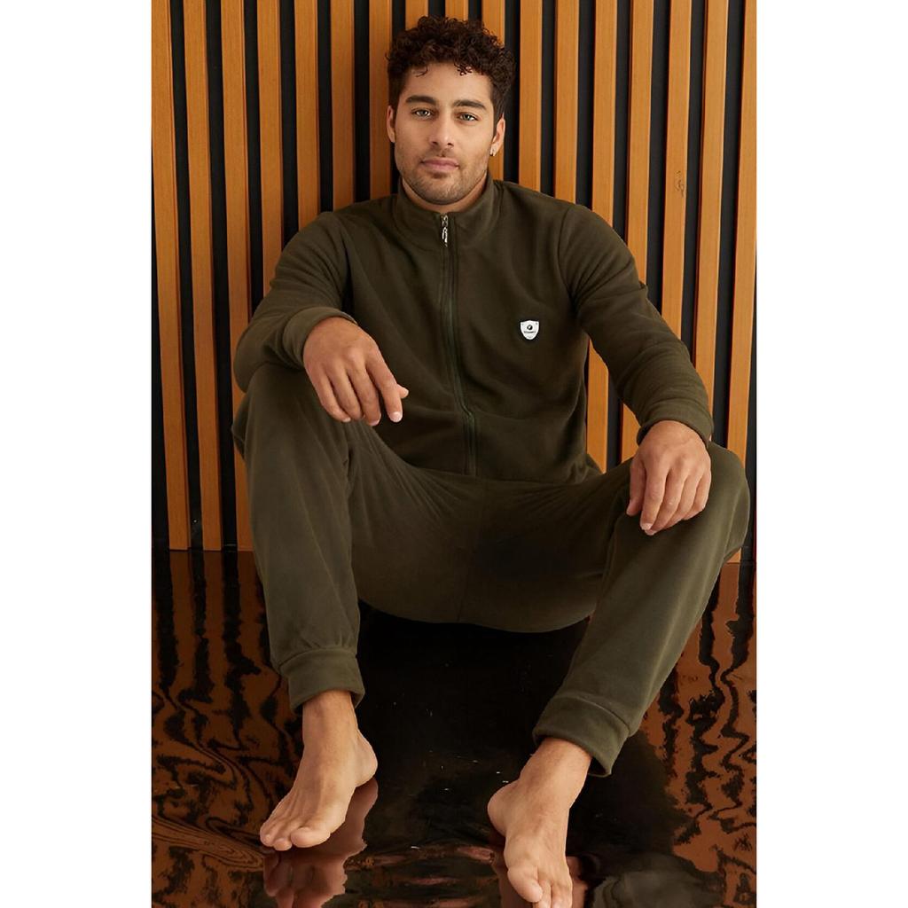 Gray Front Zipper Long Sleeve Fleece Men's Pajama Set