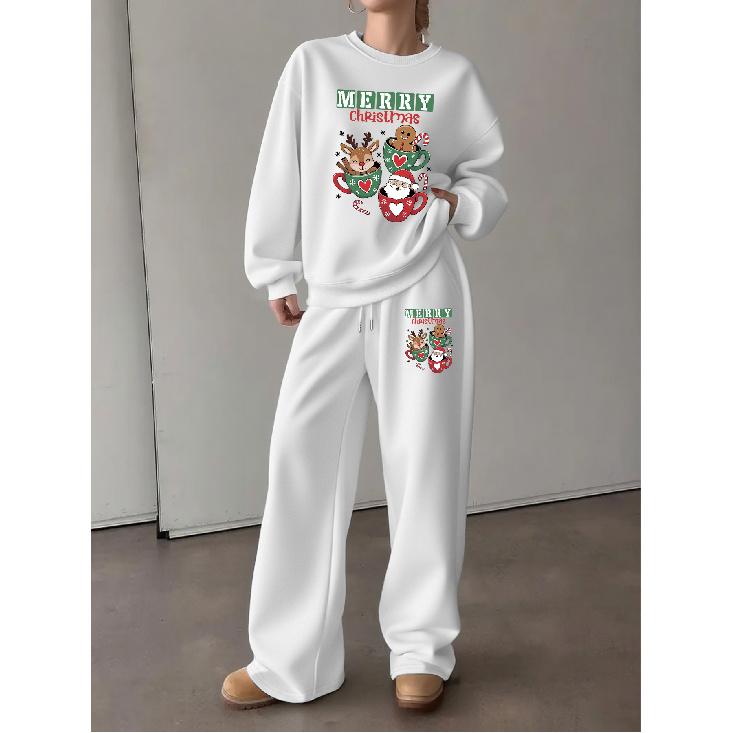 Christmas-Themed Fashion Print Women's Crewneck Pullover & Wide-Leg Pants 2-Piece Set Soft & Chic Christmas Print Long-Sleeve Lounge Set for Women