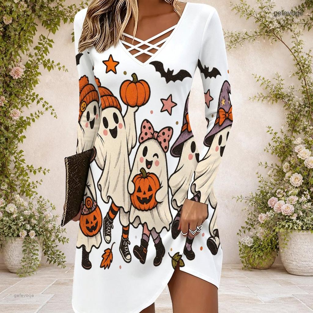 Women Criss Cross V Neck Long Sleeve Halloween Ghost Pumpkin Printed Curved Hem White Dress