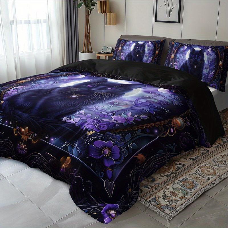 3pcs Mystic Black Cat Bedding Duvet Cover Set Moonlit Cat Bedding Quilt Set Purple Floral Themed Bed Set Elegant Moon & Stars