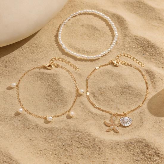 Bohemian Seashell Starfish Anklet Beach Vacation Foot Jewelry with Faux Pearl & Beaded Strands Layered Design Summer Gift for Women