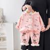 Girls Cartoon Bear Fleece Set Cute Bow Hoodie Pants Winter Outfit Kids Warm Clothing