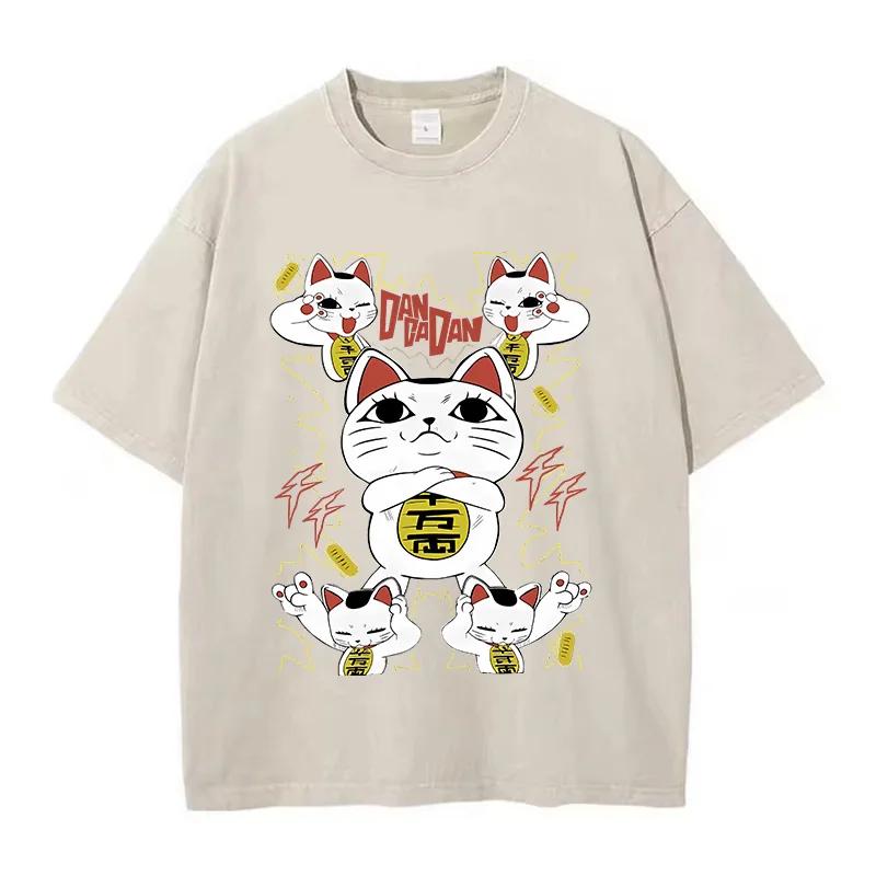 Summer Men Japanese Anime T Shirt Washed Cotton Vintage Aesthetic Cartoon Graphic Streetwear Loose Daily Tops