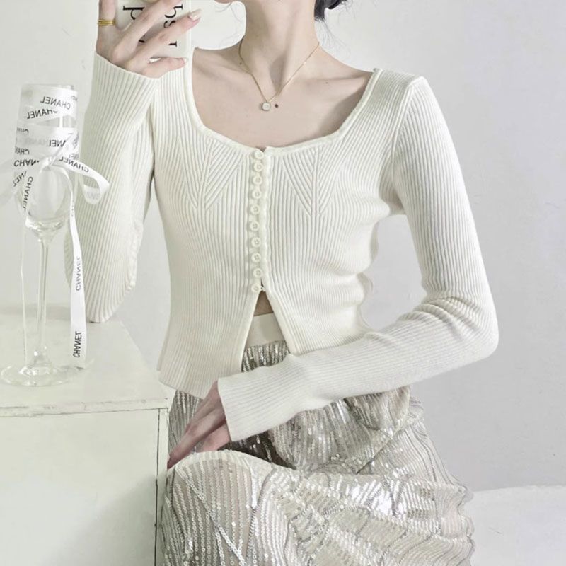Japanese Retro Gentle Style Slim Fit Short Knit Top Inner Collarbone Exposing Sweater Women's Long Sleeve Base Layer
