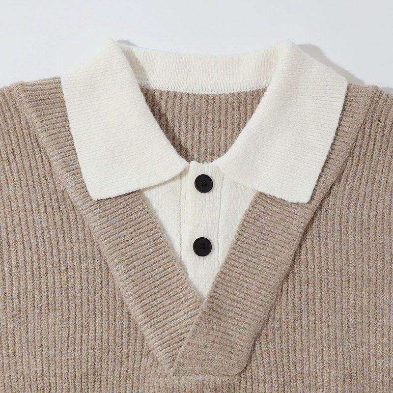Dongjie No Logo Flus Spring Smoke Color Sweater Men's Fake Two-Piece Long Sleeve Loose Knit Top