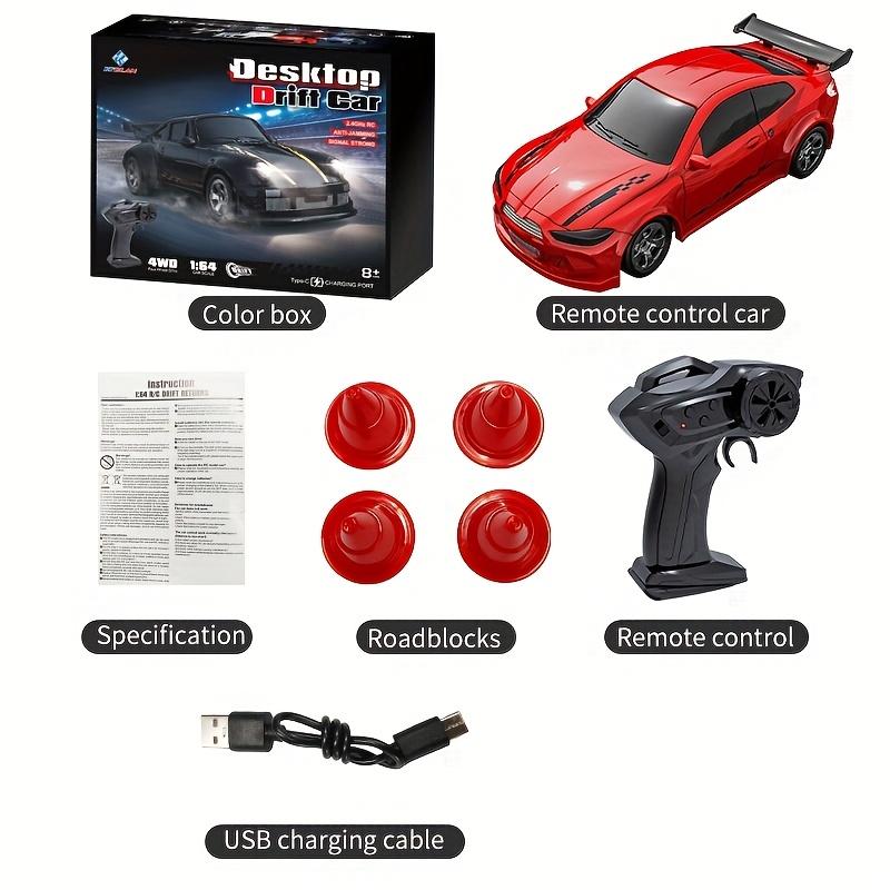 1:64 Drift Car Remote Control Toy Car 2.4GHz 4WD Luminous Front and Rear Headlights Tyre and Roadblock Tools Remote Control with Electronic Locator