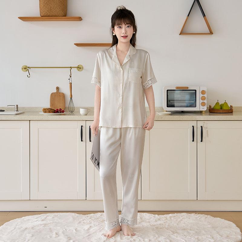 Summer Women's Ice Silk Pajamas, Short-sleeved Trousers Set, Lace Splicing Simulation Silk, Comfortable and Fashionable Loungewear