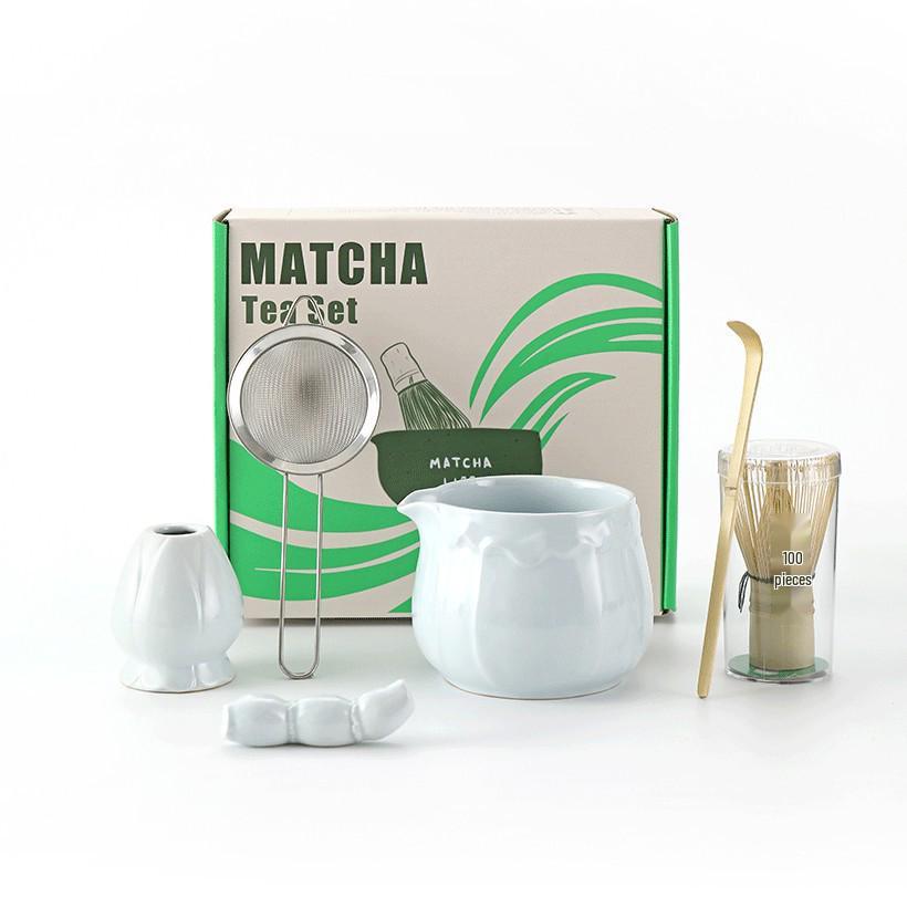 Ceramic Japanese Matcha Tea Ceremony Set with Hundred-Pronged Whisk, Holder, and Brush