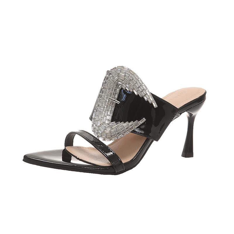 Fashion New Summer One-Line Rhinestone Buckle High Heels Women's Stiletto Pointed Toe Open-Toe Patent Leather Non-Slip Slippers
