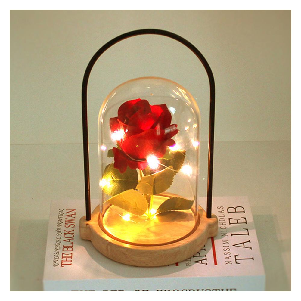 

1PC LED Luminous Glass Cover Simulation Flower Hand-Held Light, with Woodern Base Decorations Light for Valentines Wedding Decor Яскраво-рожевий