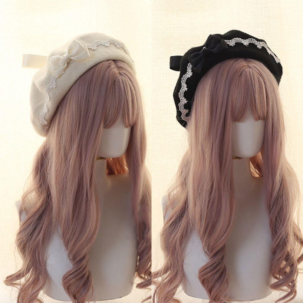 Fashion Lolita Japanese Style Beret Hat Woolen Handmade Winter Berets Hat Sweet Lacebow Bow Beret Winter Season