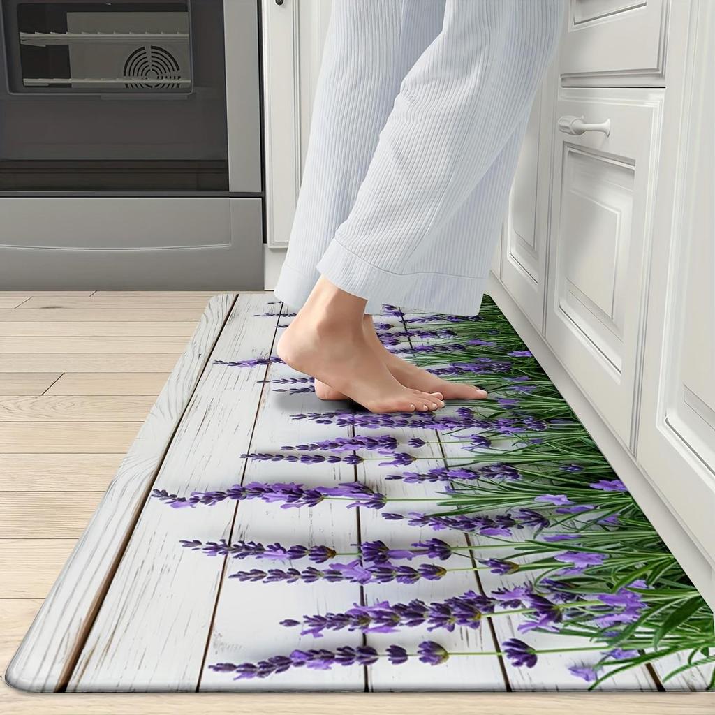 Lavender Flower Print Kitchen Rug, Non-Slip Cushioned Comfort Standing Mat, Heavy Duty Floor Carpet for Home Sink Laundry