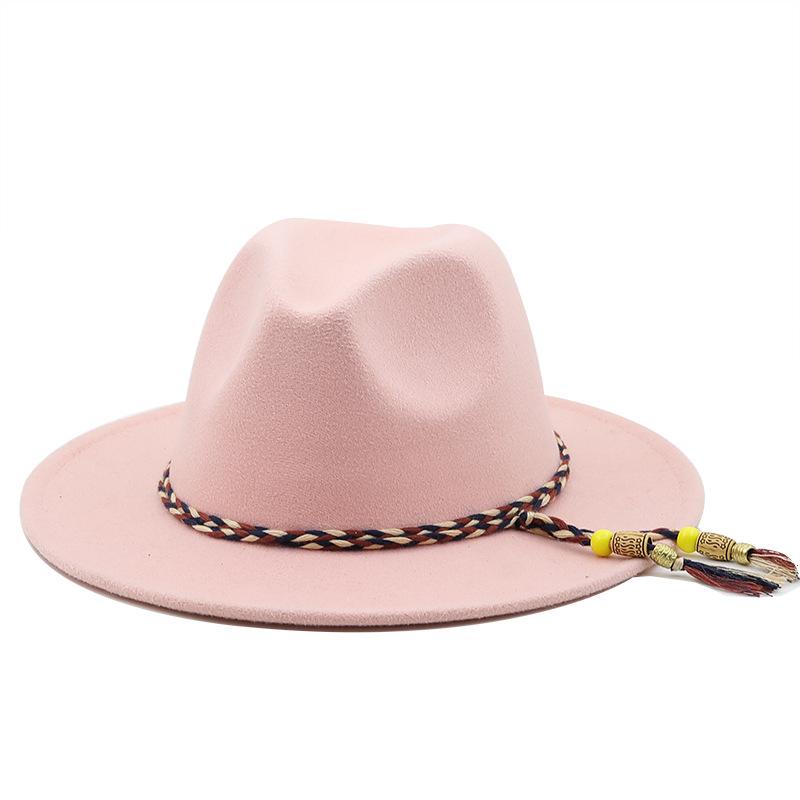 European and American women's new colorful rope jazz hat, big brim fashion flat hat, autumn and winter British style men's woolen top hat tide