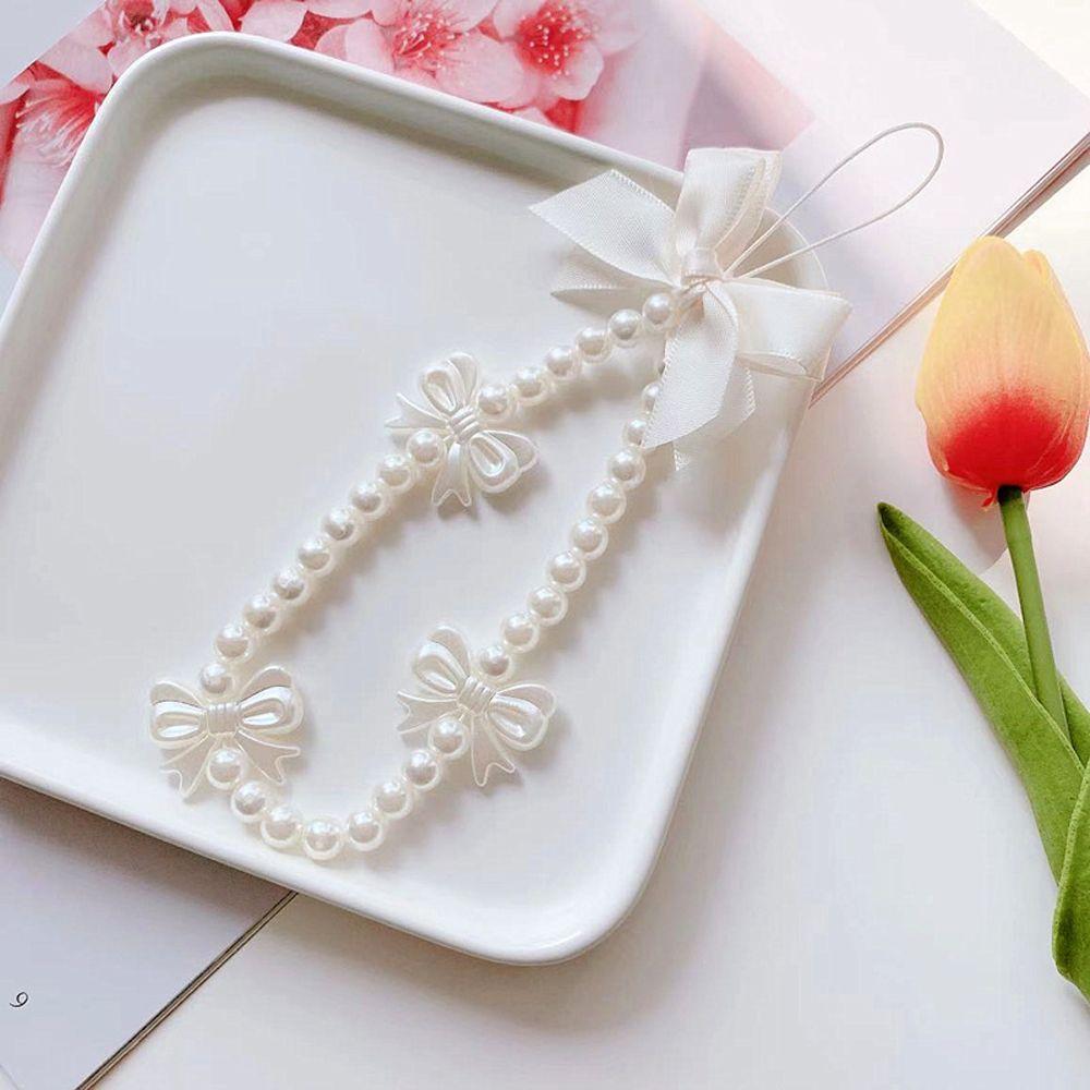 Rope Phone Chain Short Rope Pearl Bow Mobile Phone Straps Hand Strap Wrist Hand Lanyard Phone Charm