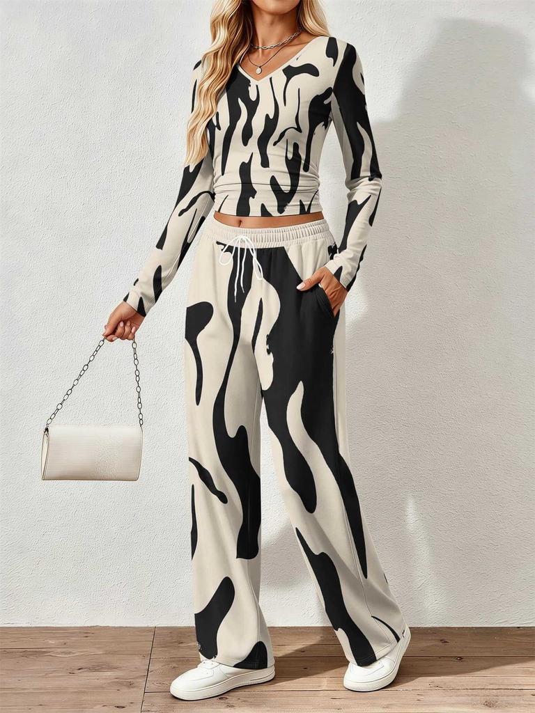 Spring and Autumn digital print women's V-neck long sleeve pants set, comfortable, casual, versatile, slim fit two-piece set