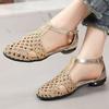 Women Real Leather Woven Baotou Hollow Out Sandals Summer Soft Sole Non Slip Breathable Flat Sole Big Size Buckle Strap Sandals