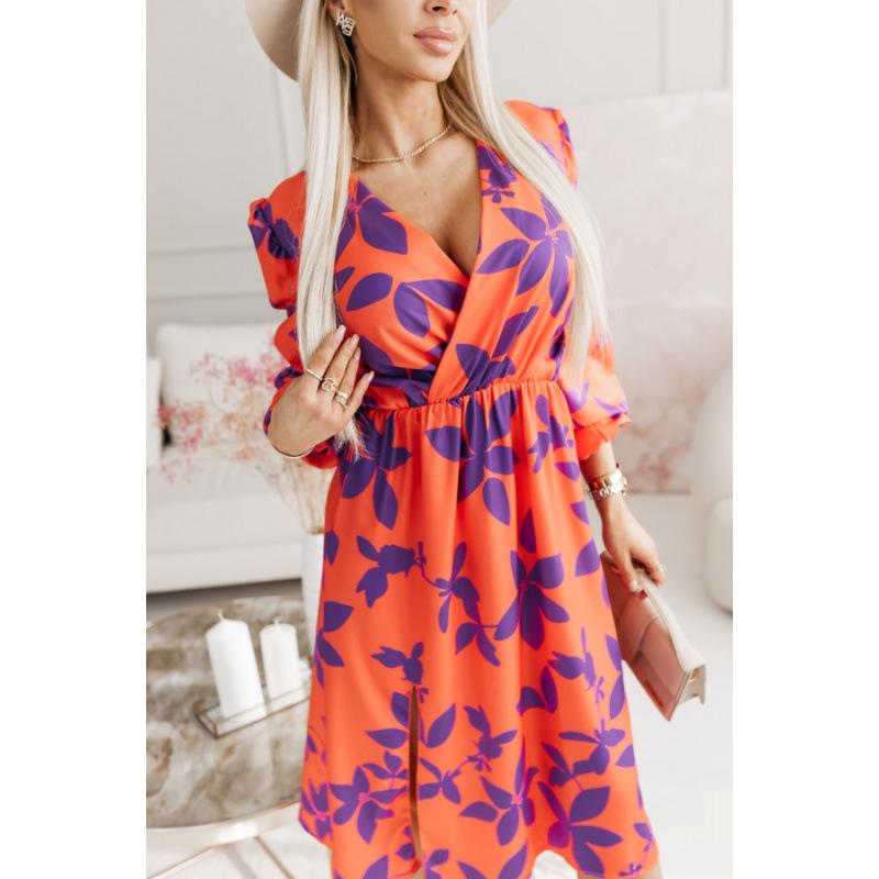 Women s V-Neck Long Sleeve Printed Midi Dress M оранжевый