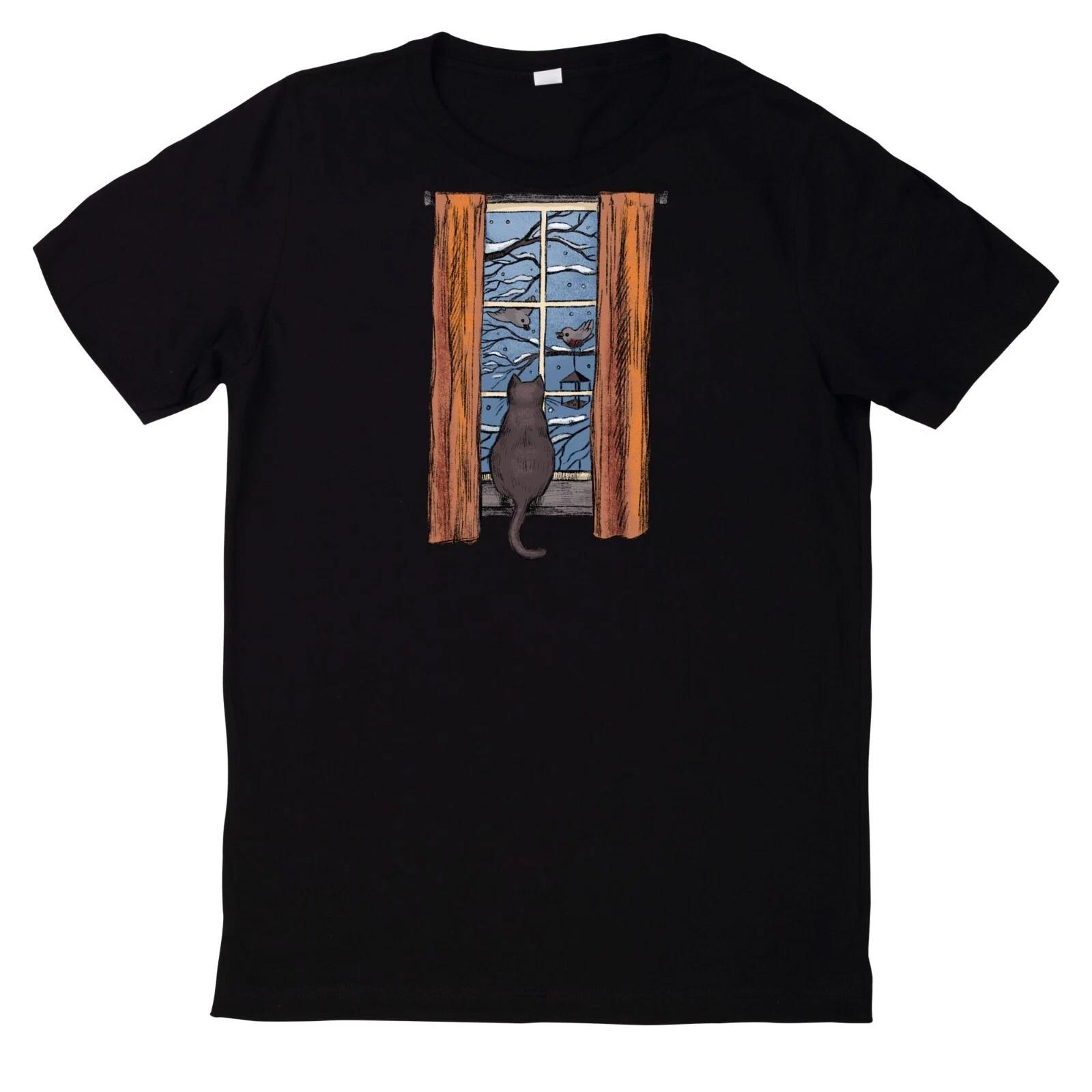 T-Shirt Katze Schaut Aus Dem Fenster Motiv Baumwolle XS