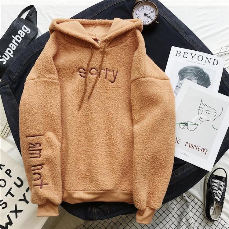 Imitation Lamb Hooded Jacket Hoodie Plush Thick Warm Cozy for Female Students Winter Autumn M коричневый
