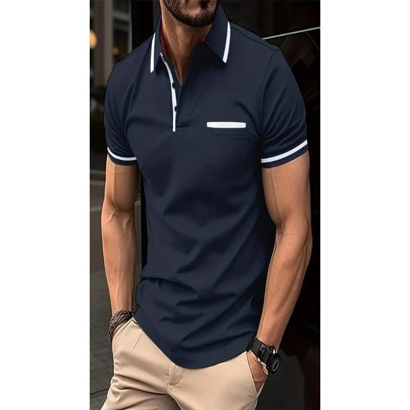 Men Casual Color Block Pocket Lapel Short Sleeve Polo Shirt