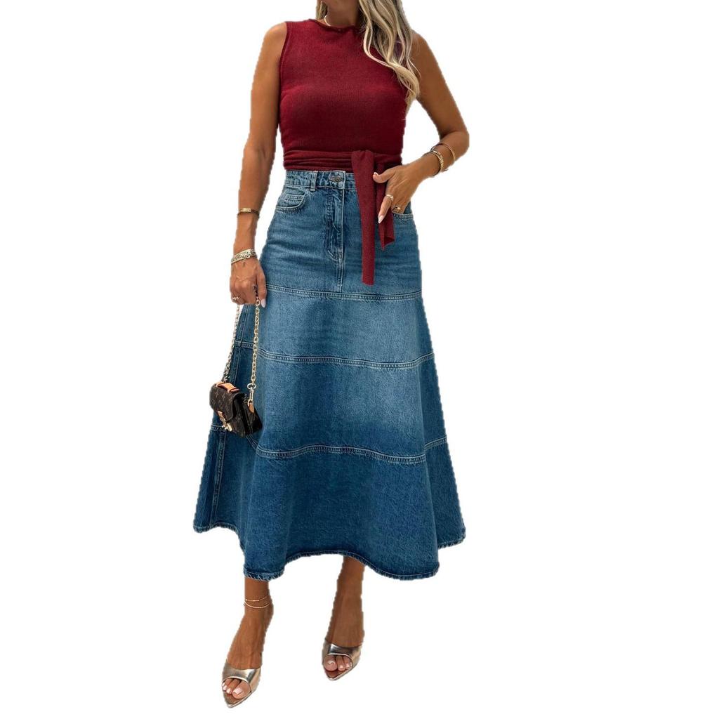 European & American Retro High-Waisted A-Line Denim Maxi Skirt for Women