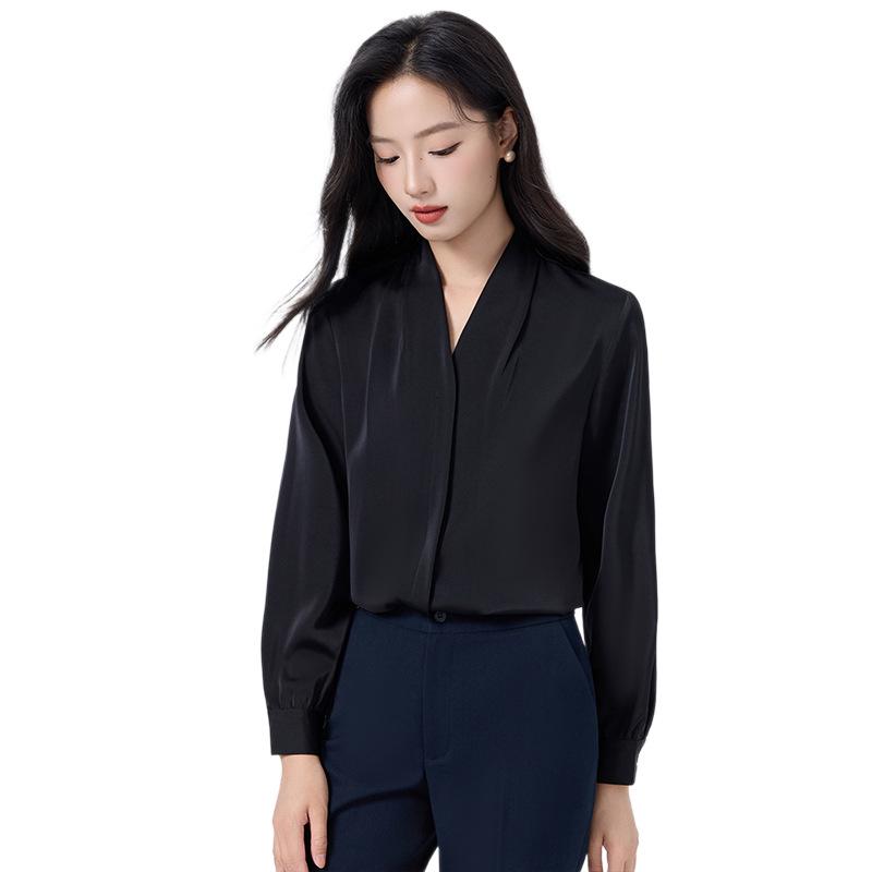 Black V-Neck Long Sleeve Women's Shirt - Petite Professional Interview Wear for Spring and Autumn