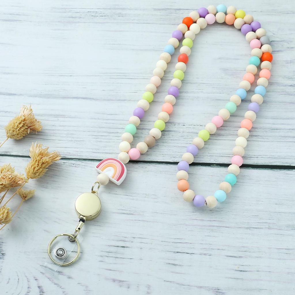 Adjustable Wooden & Silicone Bead Lanyard Necklace for ID Cards