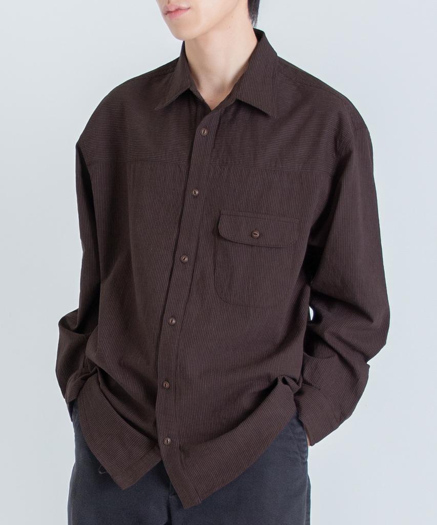 OUTSIDE FROG Single Pocket Striped Shirt (Dark Brown)
