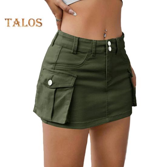 Mini fustă de blugi pentru femei Fusta cargo cu talie joasă cu buzunar, culoare solidă, cu buton, fermoar, fustă scurtă, îmbrăcăminte de stradă
