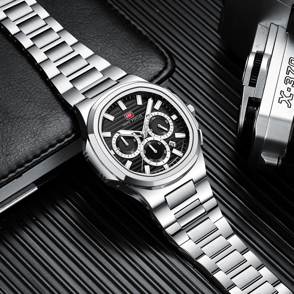 MINI FOCUS Fashion Multifunctional Quartz Watch for Men Luminous Hands Calendar Stainless Steel Strap Business Mens Watches
