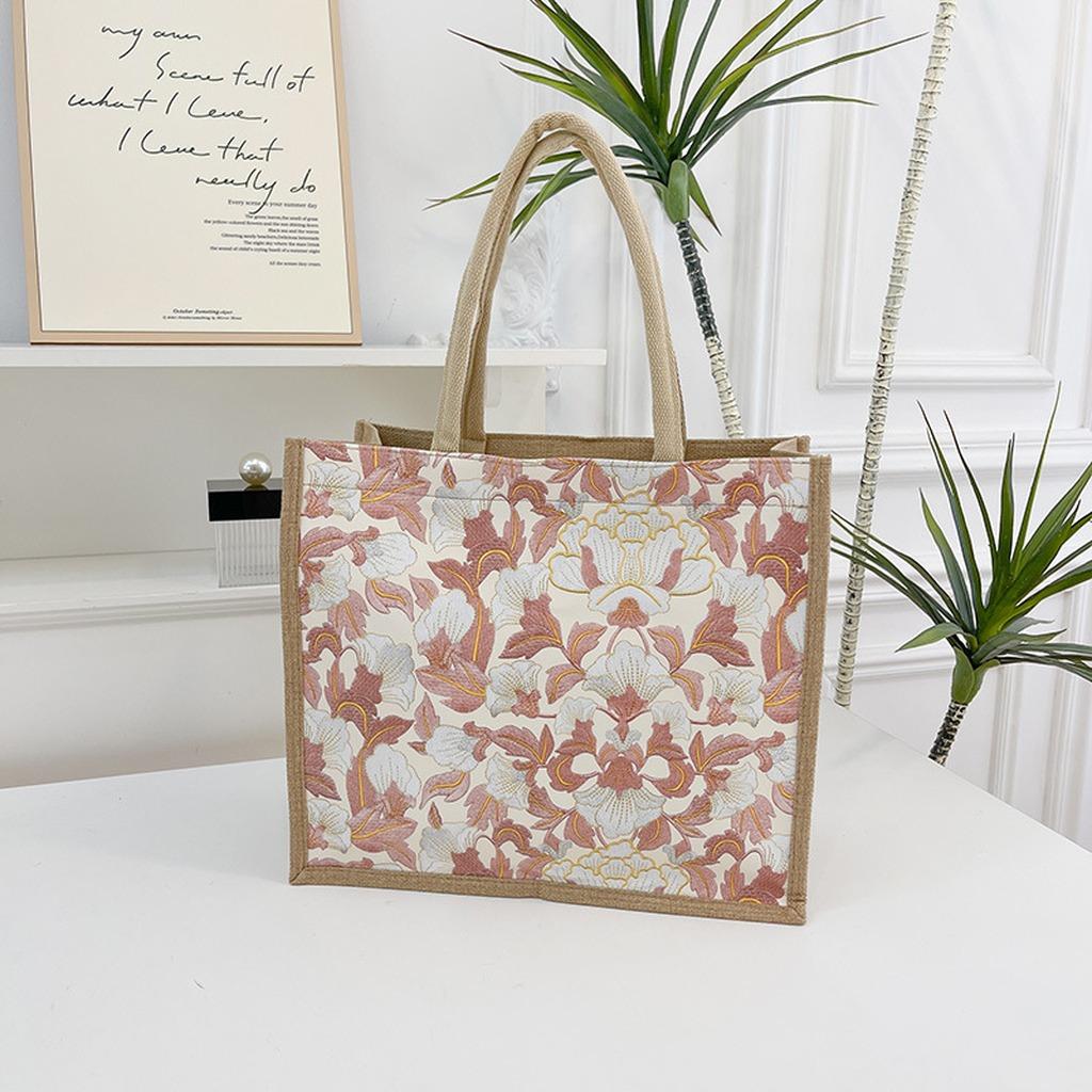 Floral Print Handbag Structured Linen Leather Tote Bag Large Capacity Tote Comfortable Urban Tote For Short Trips Work Daily