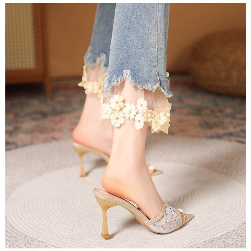 Divatos Sokoldalú Magassarkú Papucsok Hegyes Orrú Strasszkővel Díszített Egyrészes Pántos Szandálok Alkalmi Elegáns Női Cipők