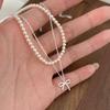 Elegant Double Layered Pendant Necklace With Pearl Bow Charm In Sterling Women Adjustable 41-50cm O-Link Chain