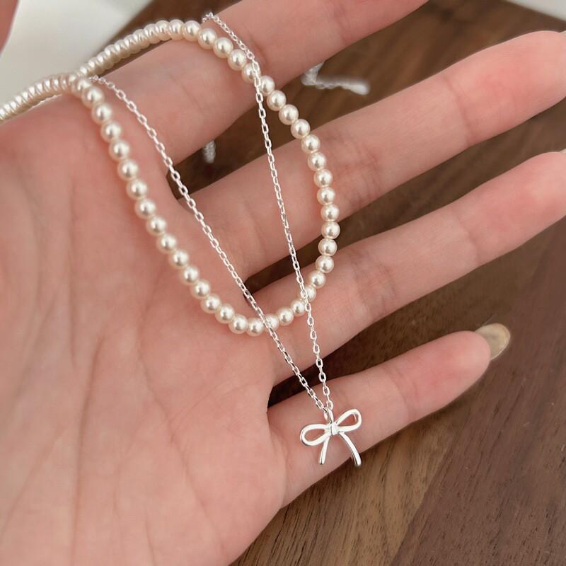 Elegant Double Layered Pendant Necklace With Pearl Bow Charm In Sterling Women Adjustable 41-50cm O-Link Chain