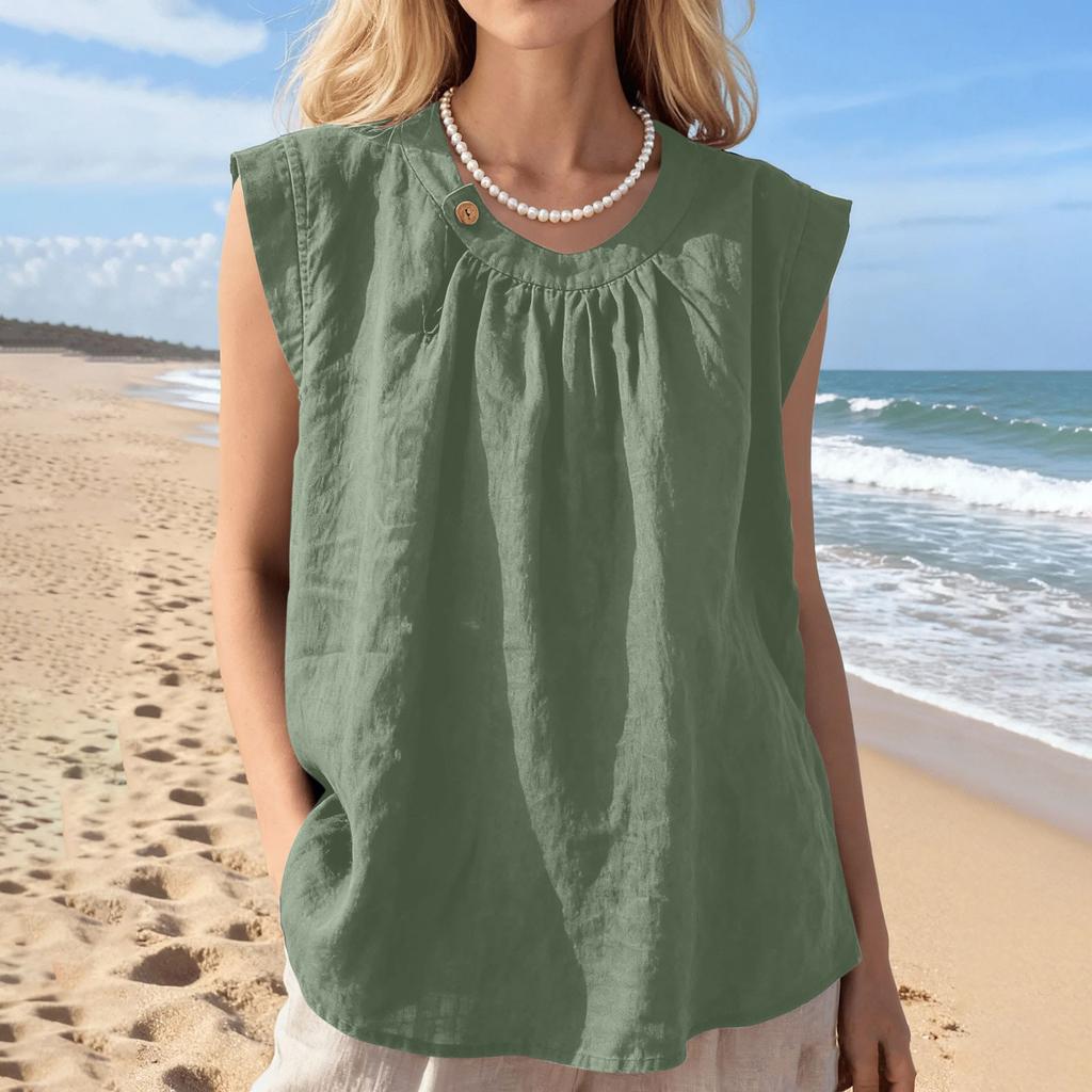 Sleeveless Loose Fit Linen Blouse for Women Casual Round Neck Solid Lightweight Summer Top Shirt