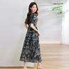 European Station Fashion Printing Temperament Elegant Long Skirt Summer New V-Neck Short Sleeve Waist Dress Women