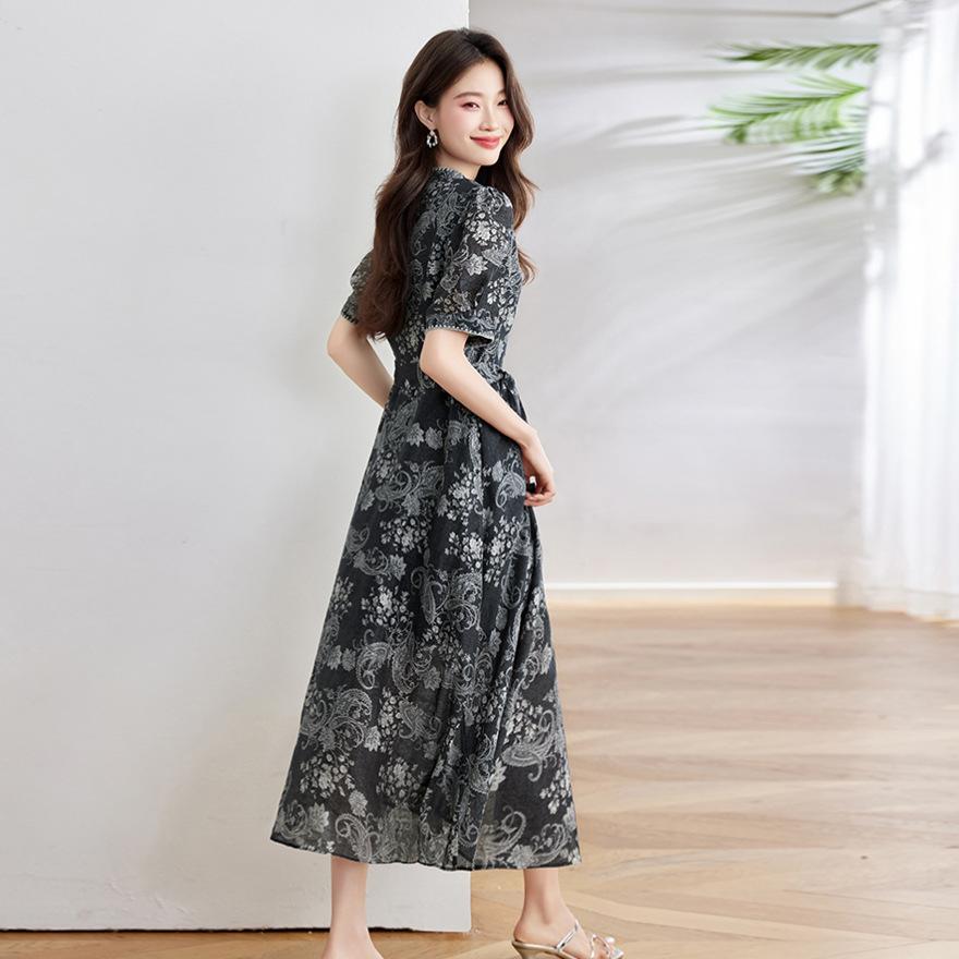 European Station Fashion Printing Temperament Elegant Long Skirt Summer New V-Neck Short Sleeve Waist Dress Women