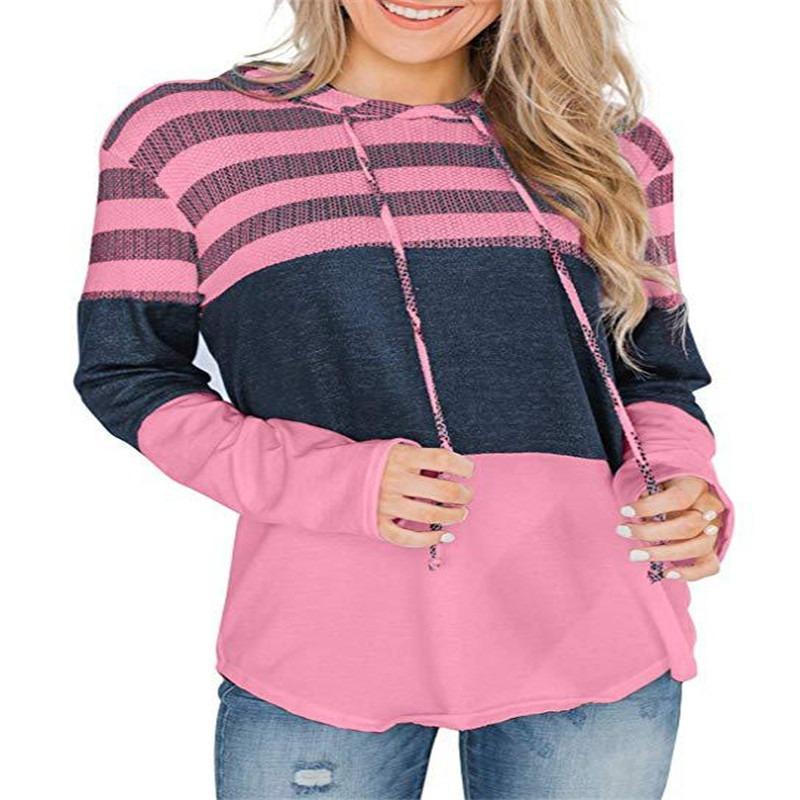 Loose Fit Color Block Long Sleeve Pullover Hoodie For Women