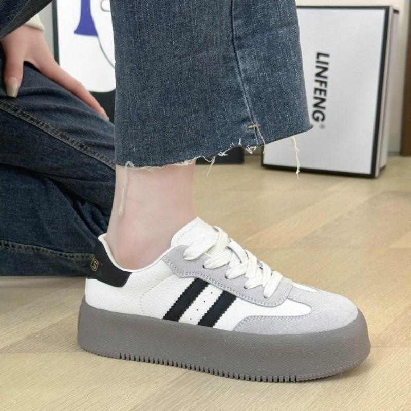 

Fashion 2024 New Women Casual Walking Shoes Summer Flat Lace Up Leather High Quality Sneakers Fashion Flat-Bottomed Female Gump Sneakers 35 чёрный