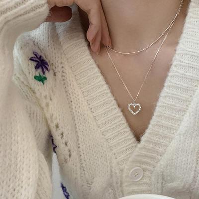 S925 sterling sølv halskjede dobbelt lag kjærlighet tvist halskjede kvinner ins enkel stil liten frisk personlighet stablet hjerteformet kragekjede