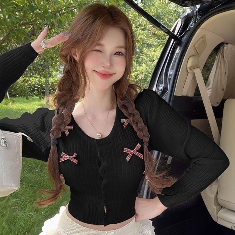 Women's Casual College-Style Bow Knit Cardigan - Small, Round Neck, Autumn/Winter