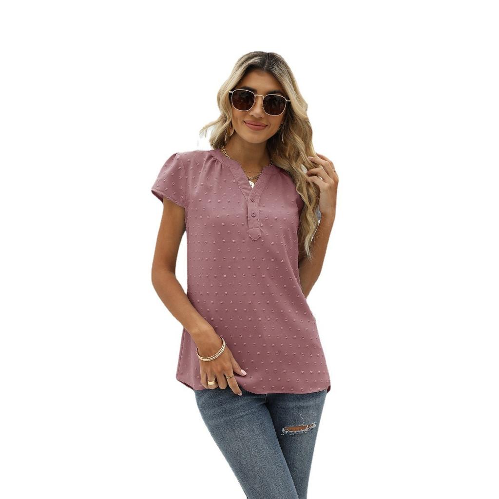 Summer Women's Solid Textured Chiffon Blouse, Loose V-Neck Pullover Short Sleeve Top, European & American Style Casual Top