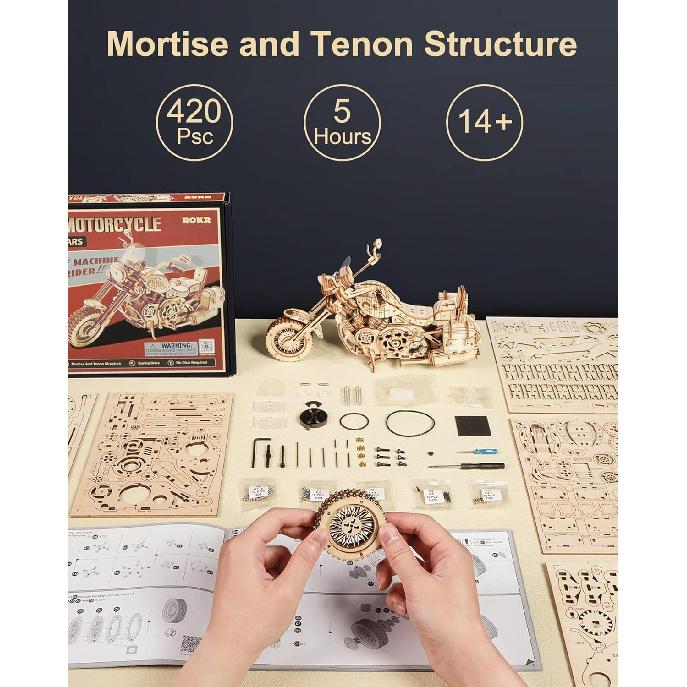 ROKR 3D Wooden Motorcycle Puzzle-Wood Model Car Kits To Build for Adults-Brain Teaser Gearjits Puzzle-1:8 Scale Cruiser Motorcycle As A Gift for