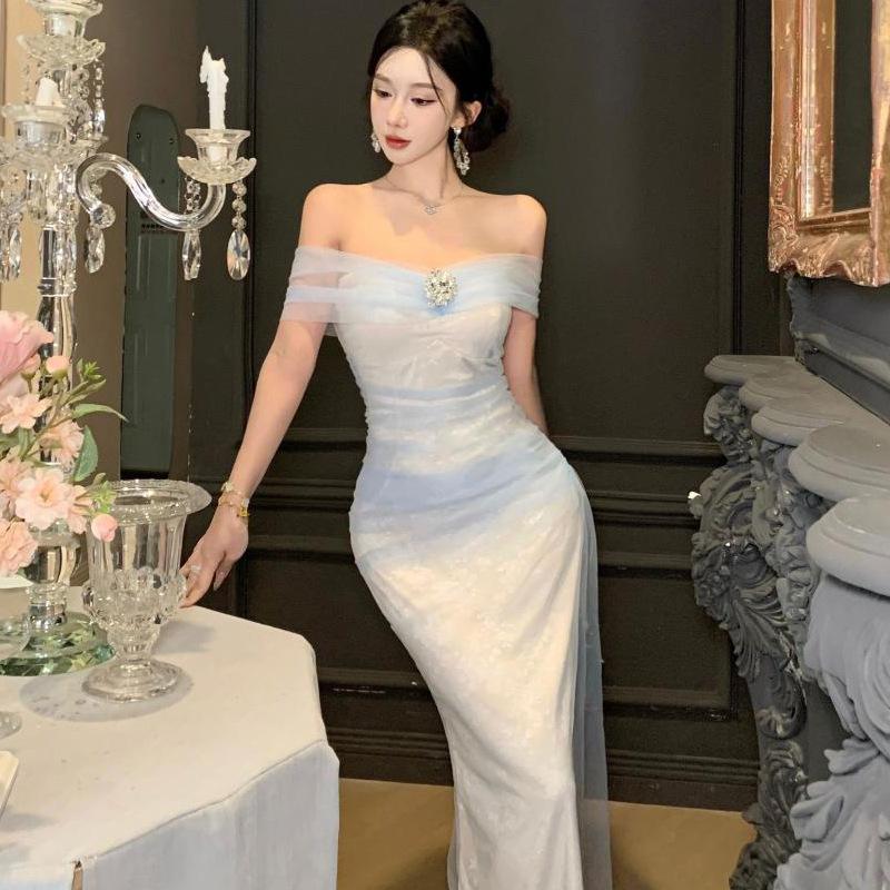 French temperament advanced sense tube top one-word shoulder mesh dress royal sister style sexy tight hip skirt summer