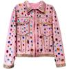 Thai Street Pink Denim Jacket Women Loose Fit Long Sleeve Heavy Rhinestone Detail Polo Collar