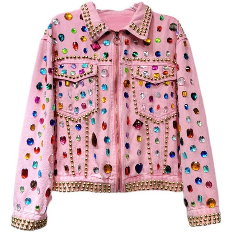Thai Street Pink Denim Jacket Women Loose Fit Long Sleeve Heavy Rhinestone Detail Polo Collar
