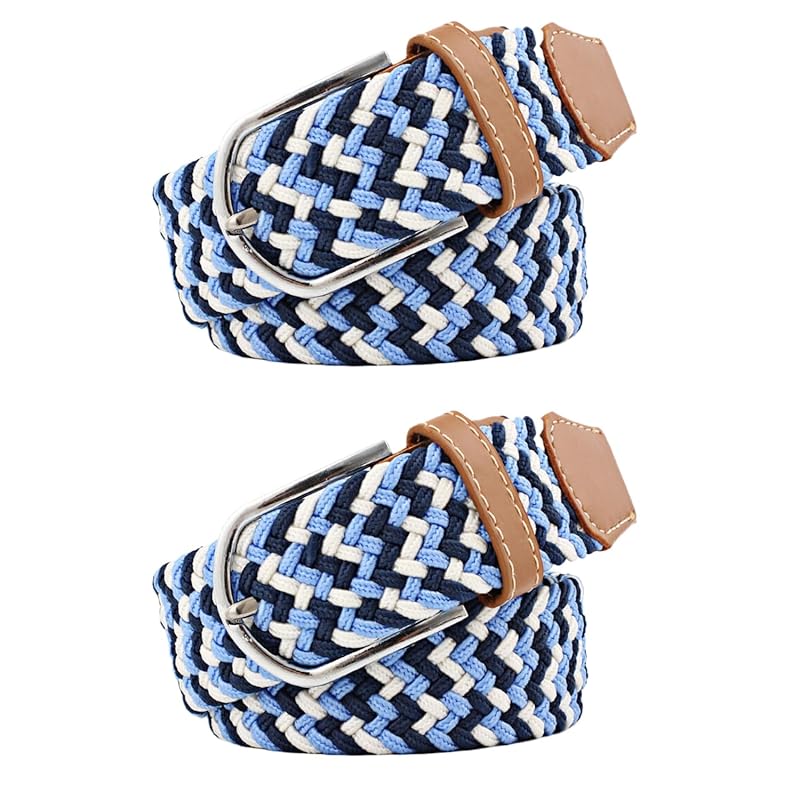 

[RAKUKOU] belt men s mesh belt Set of 2 Free size adjustment braid ladies elastic belt extend casual business gentleman (navy blue white, 105CM)